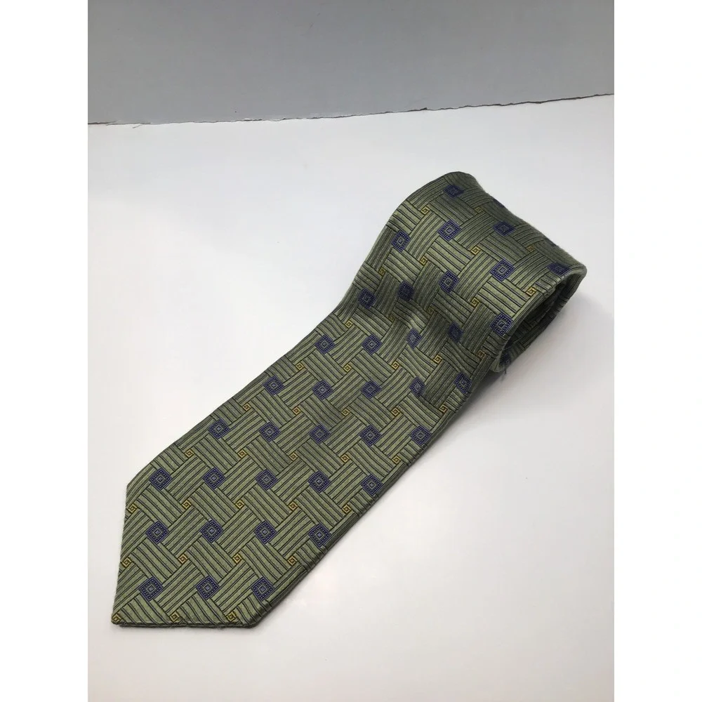 Mark Pendleton Mens Necktie Green Blue Geometric Pattern Silk Blend